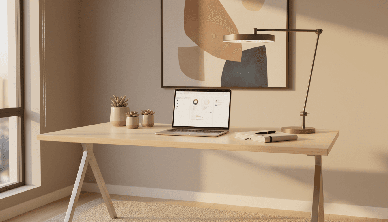 Professional workspace with laptop, notebook, and modern minimalist setup