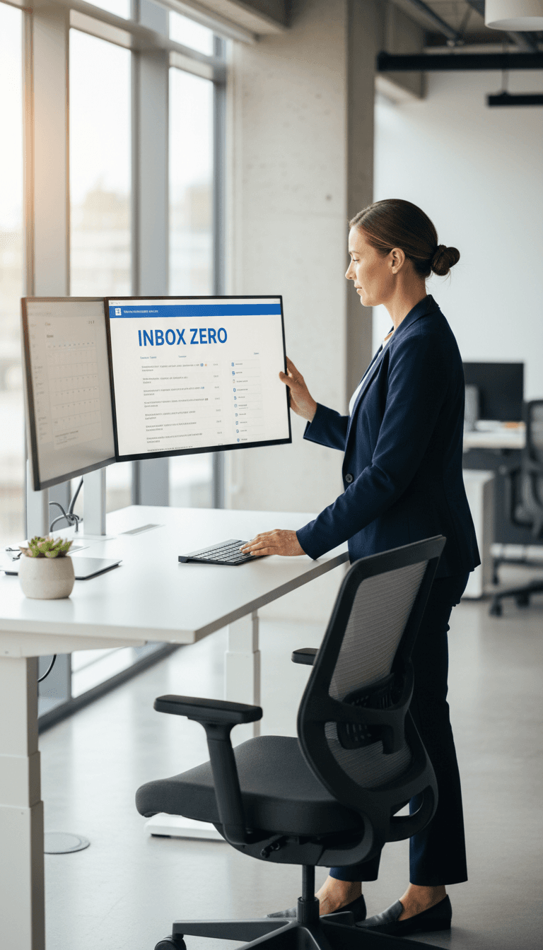 Professional responding to email at clean modern workspace