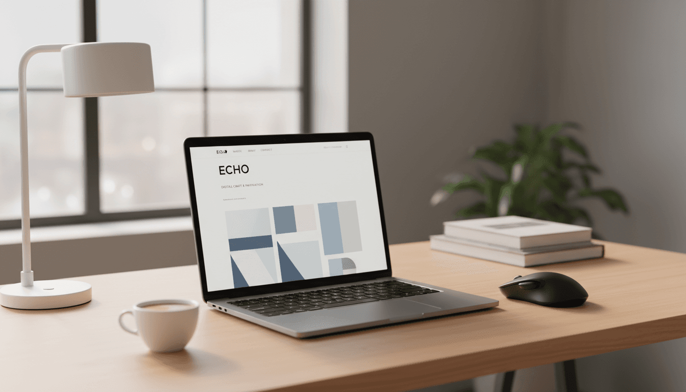 Modern laptop displaying a professional website with clean design and gradient accents