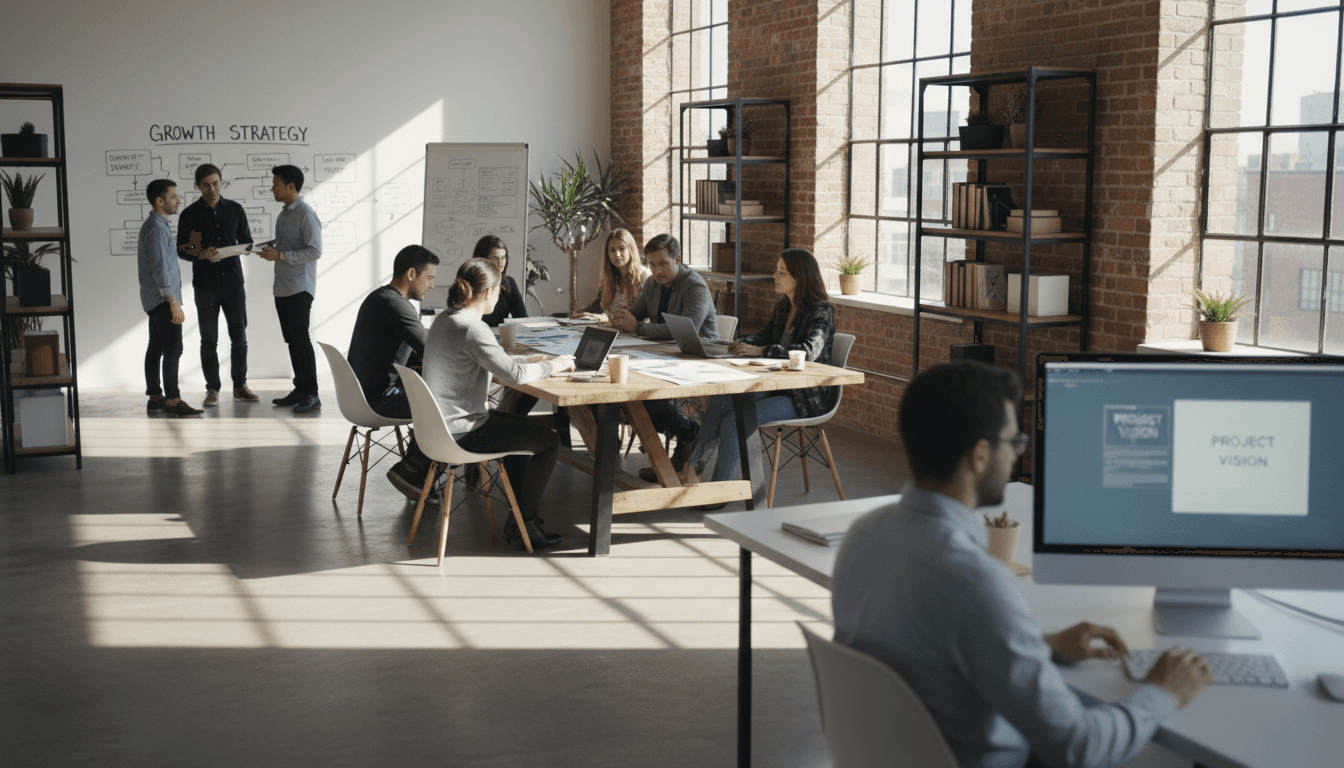 Modern workspace with laptop, clean desk, and warm lighting in a professional agency office