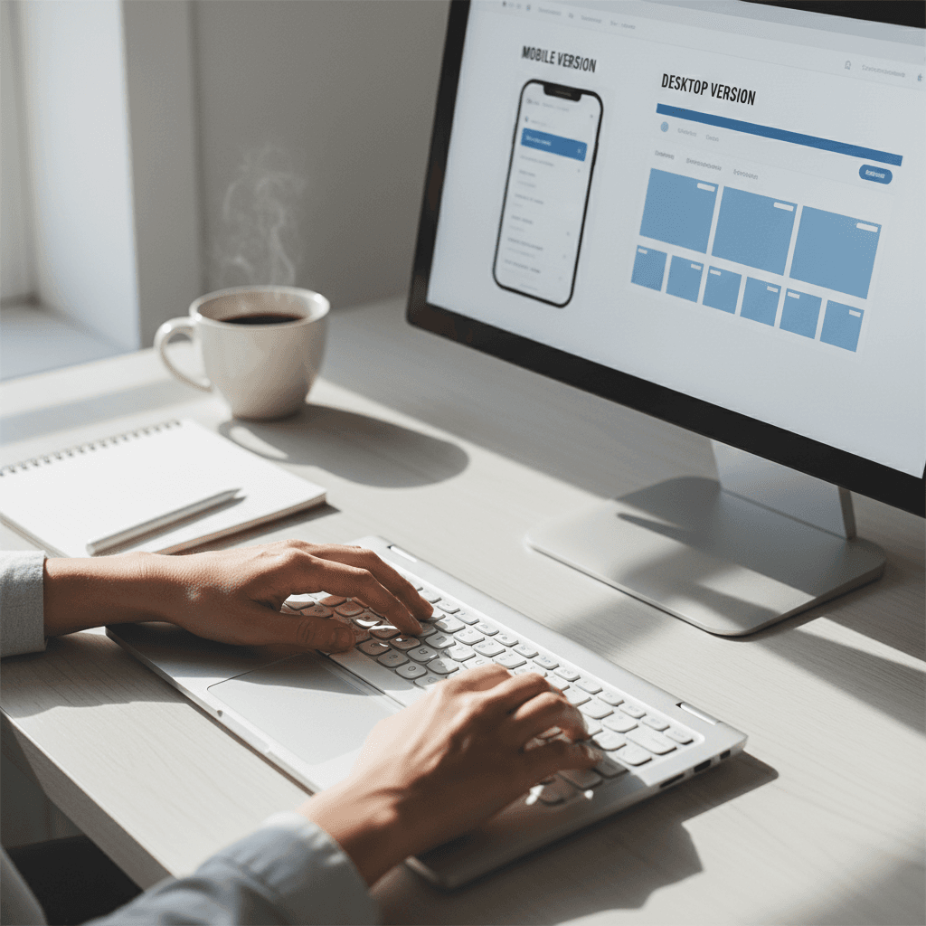 Professional designer reviewing website mockups and mobile layouts on a clean workspace